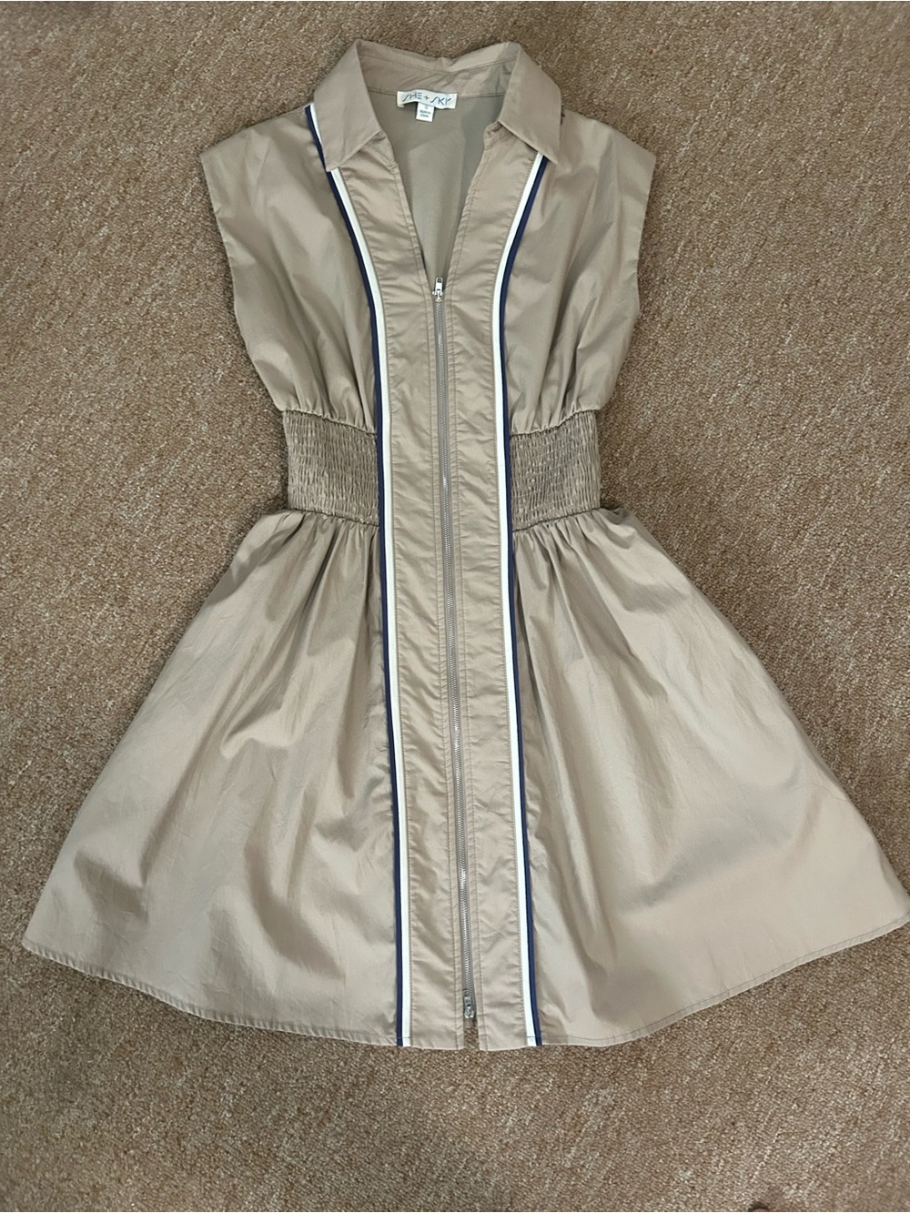 She + Sky Beige Sleeveless Zip-Front Dress with Contrast Piping